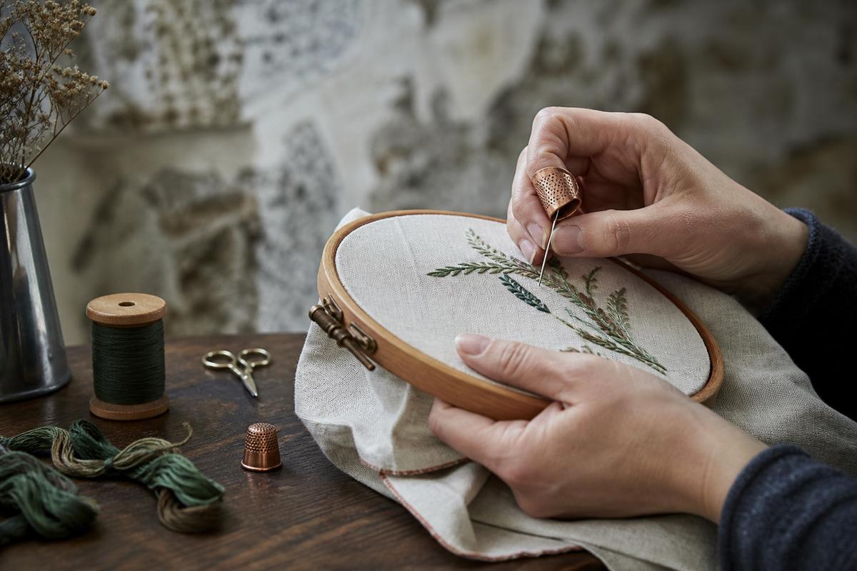 Hands embroidering fabric in a hoop