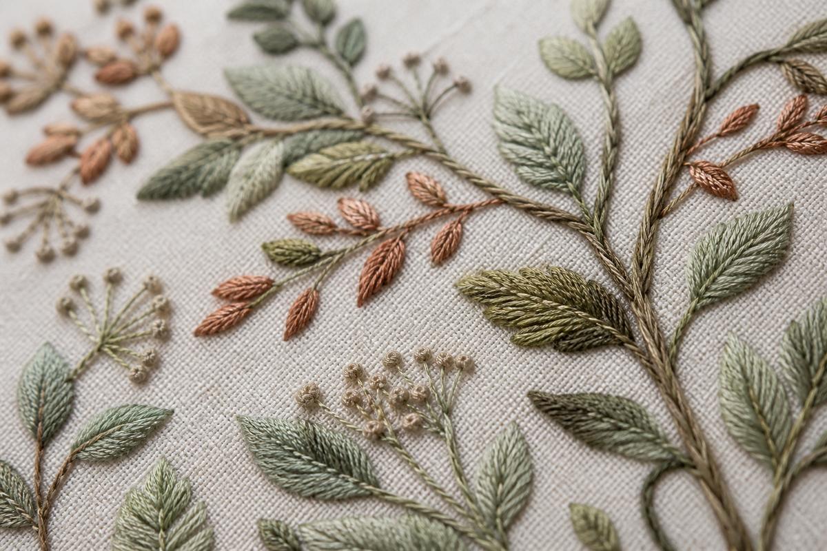 Close detail of botanical petal embroidery