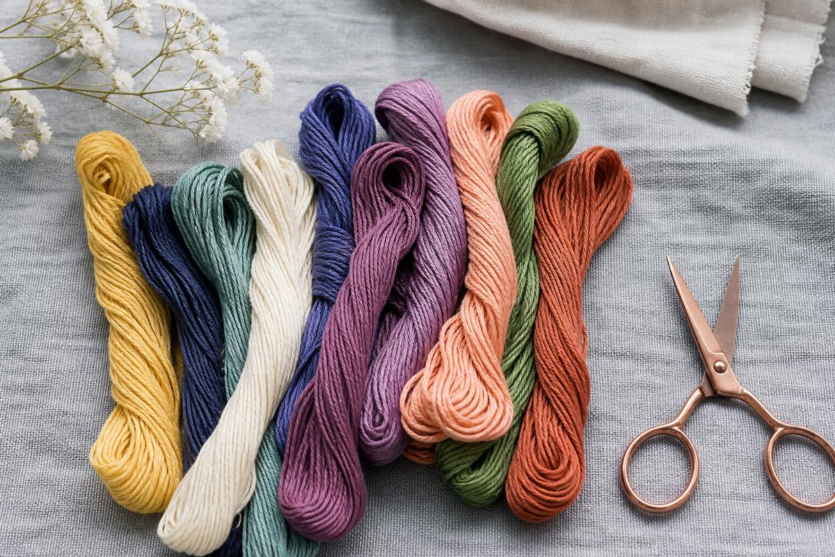 Embroidery floss skeins with copper scissors