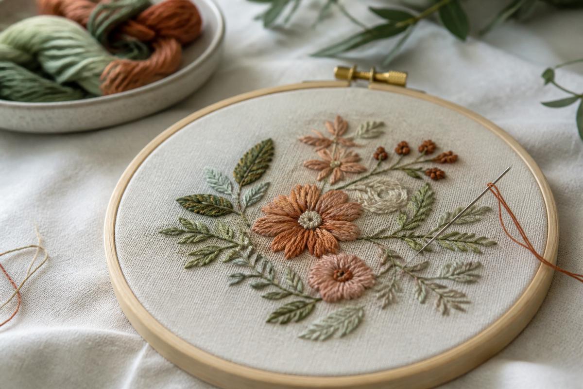 Floral embroidery in a wooden hoop on linen