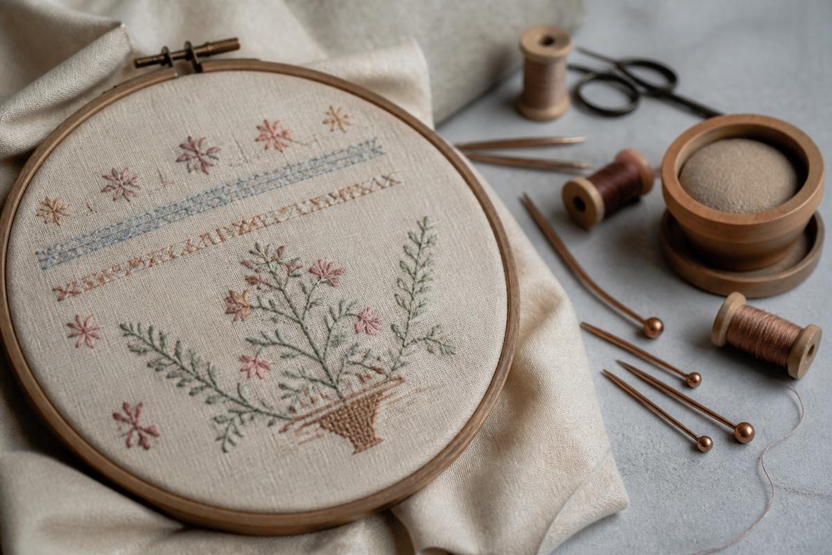 Needlework sampler and tools on a studio table