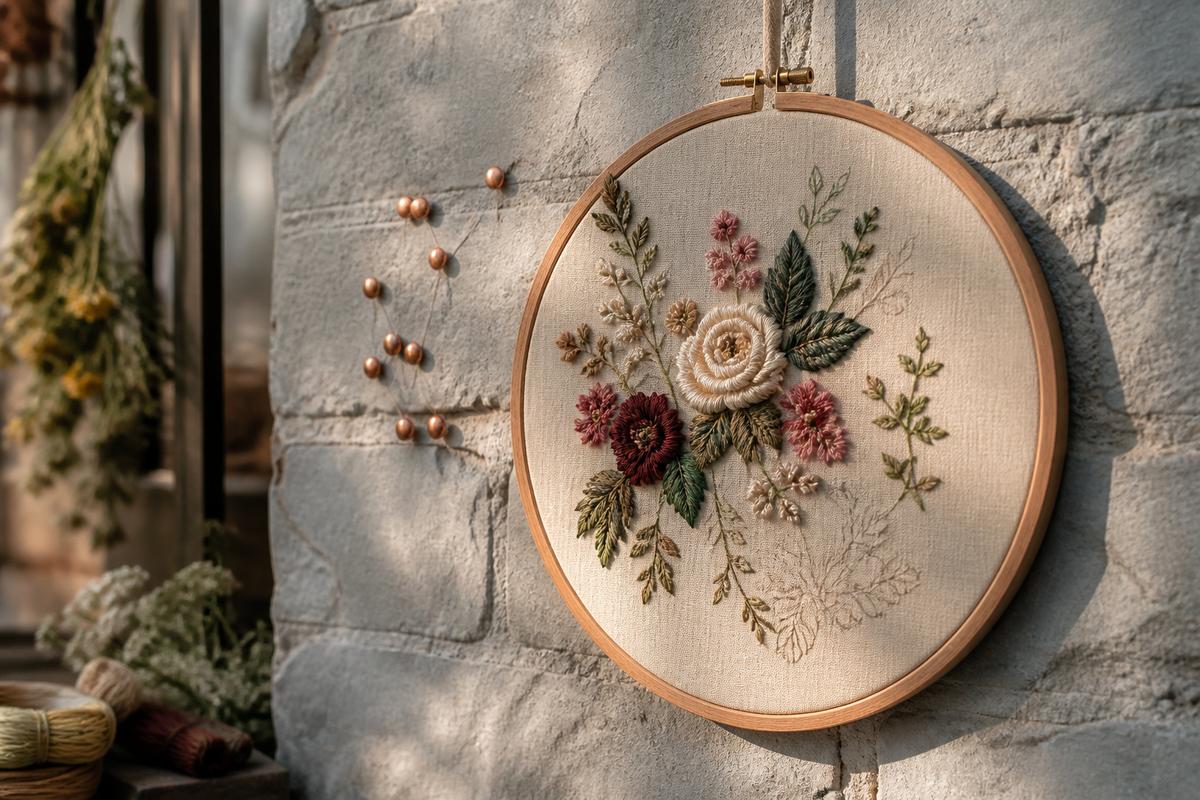 Embroidery hoop resting against a stone wall